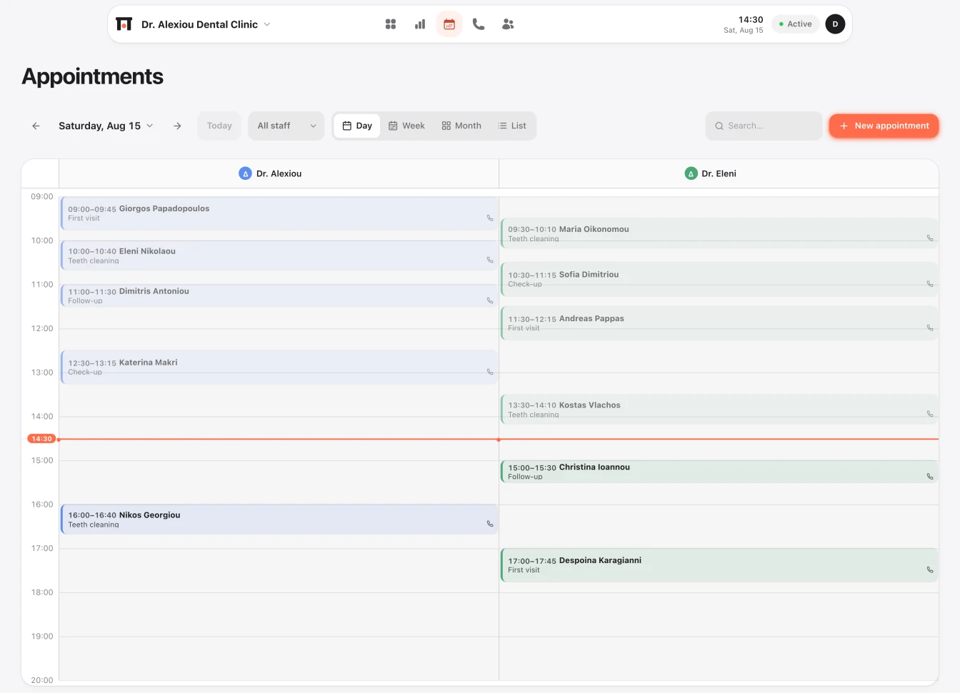 Parousa’s appointment calendar: a full day of bookings