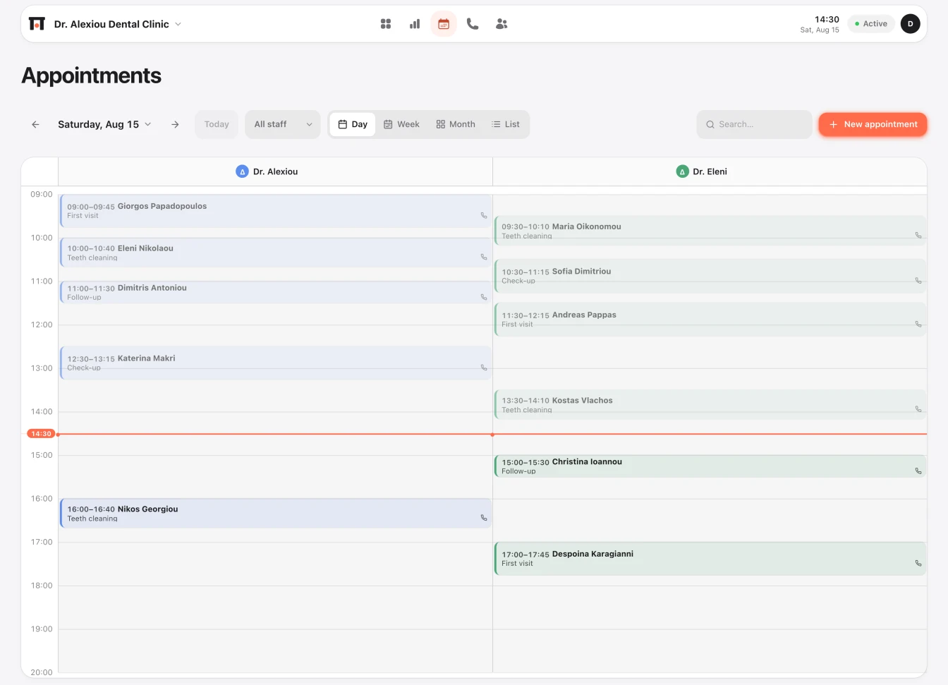 Parousa’s appointment calendar: a full day of bookings